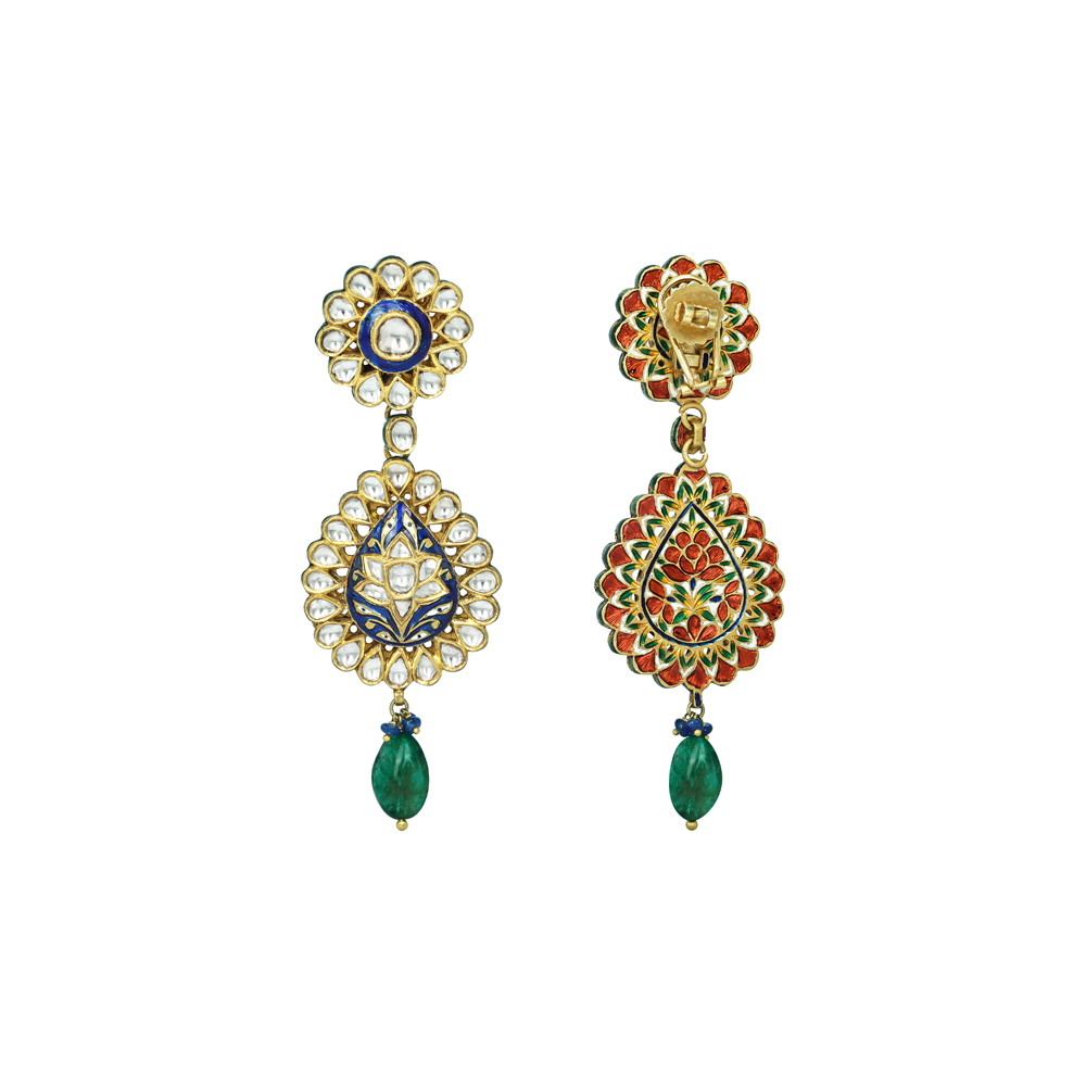 Blue Enamel Polki Earrings with Floral Design and Emerald Drops